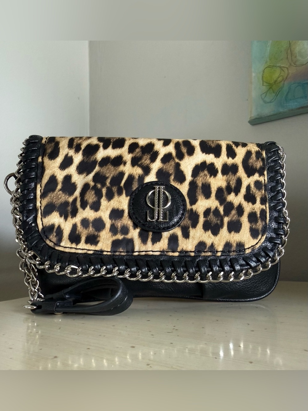 JLO Jennifer Lopez Leopard Print Chain Wristlet Clutch Black Y2K